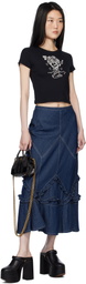 Anna Sui Navy Ruffle Denim Maxi Skirt