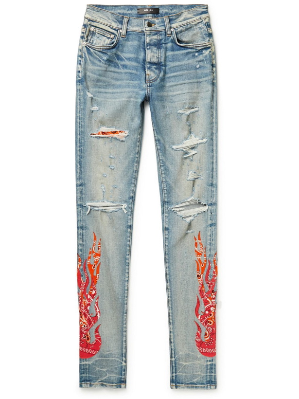 Photo: AMIRI - TGCW Skinny-Fit Appliquéd Distressed Jeans - Blue