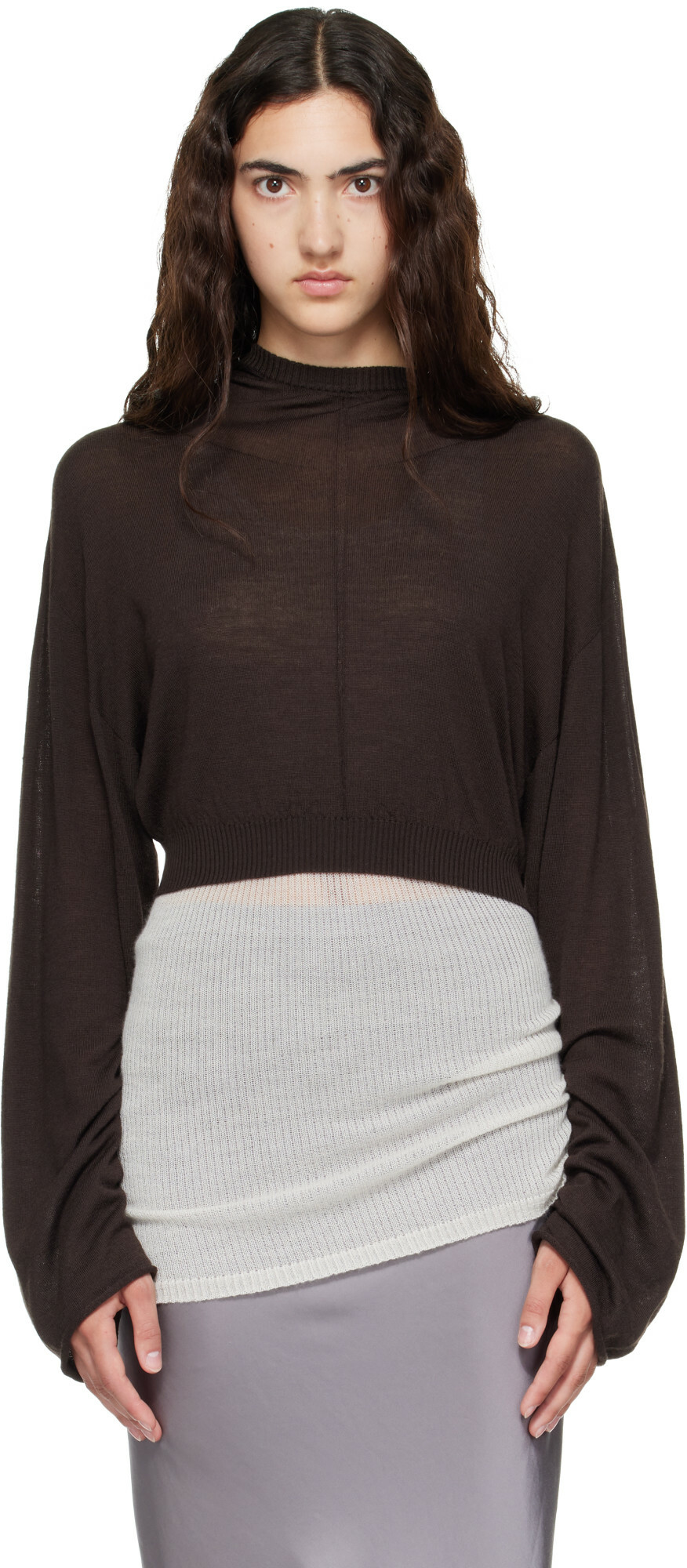 Rick Owens Brown Tower Cropped Tunic Hoodie