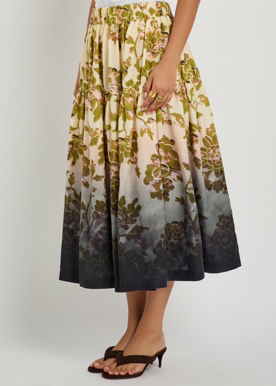 LA Double J Gala Floral-print Linen Midi Skirt Black