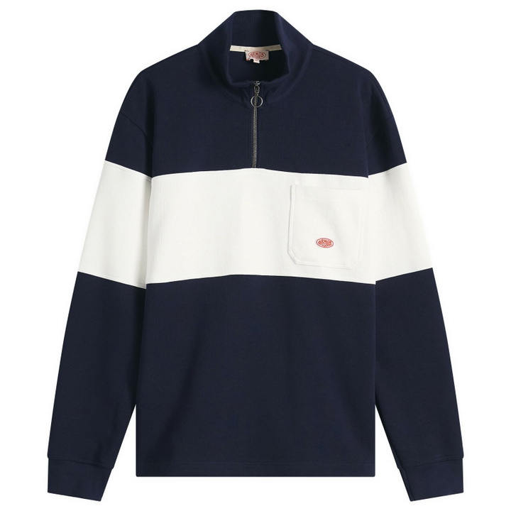 Photo: Armor-Lux Men's Stripe Half Zip Sweatshirt in Marine Deep/Milk