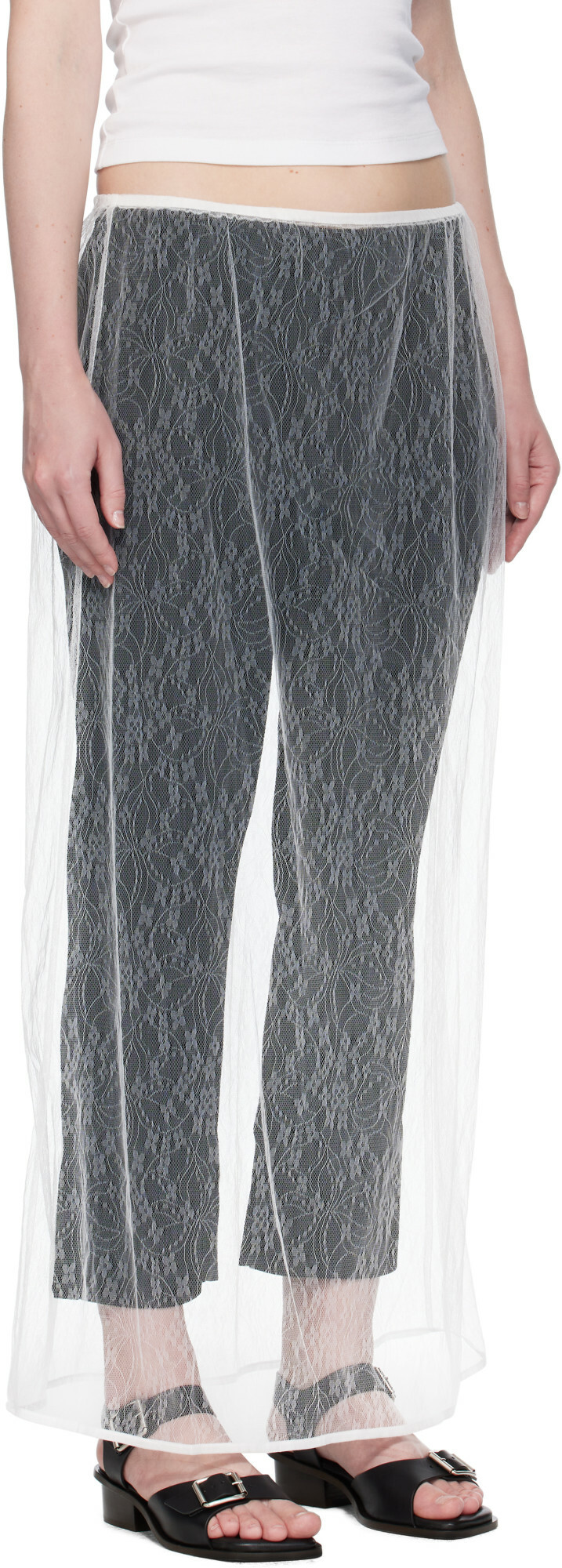AMOMENTO White Sheer Lace Long Maxi Skirt