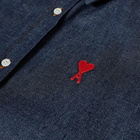 AMI Men's Small A Heart Denim Shirt in Indigo