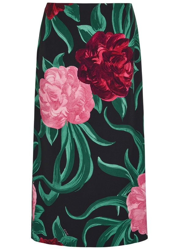 Photo: LA Double J Floral-print Crepe Midi Pencil Skirt Black
