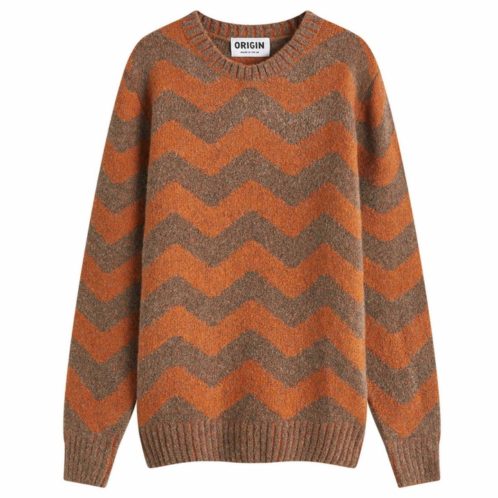 Photo: Country Of Origin Men's Thames Stripe Knit Jumper in Light Brown/Orange