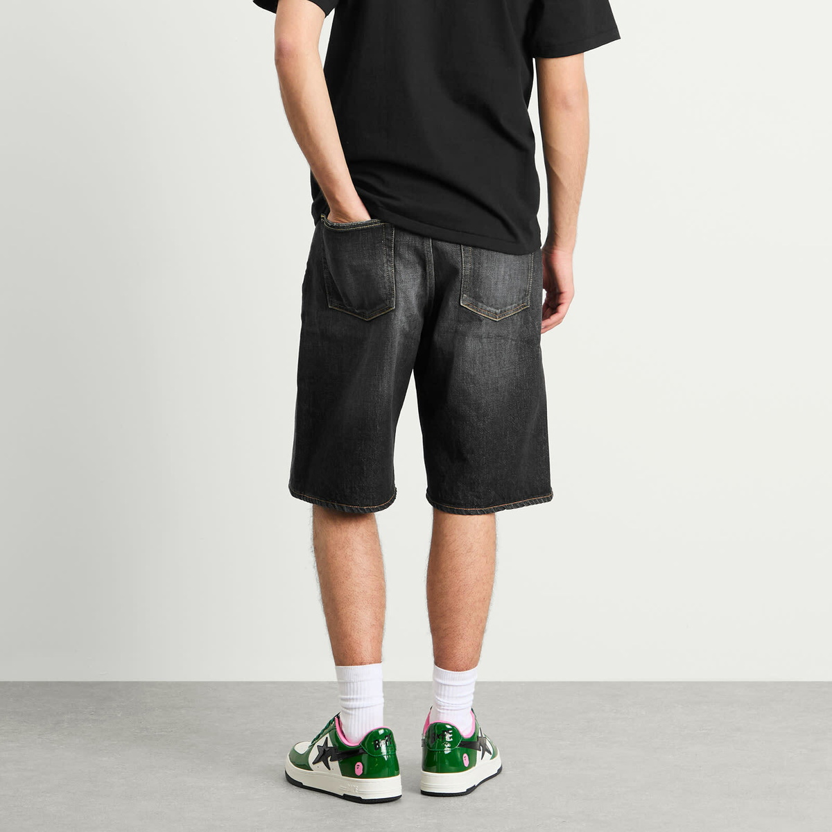 A Bathing Ape Men's Twin Sta Relaxed Fit Denim Shorts in Black