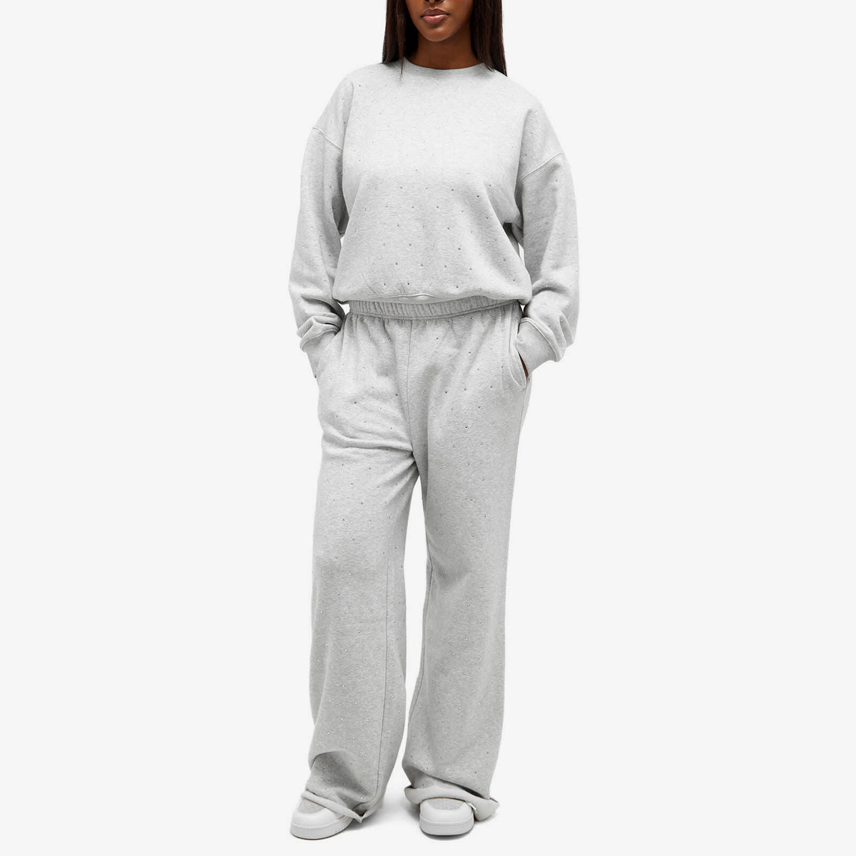 Good American Women's Crystal Allover Crew Neck Sweatshirt in Heather Grey