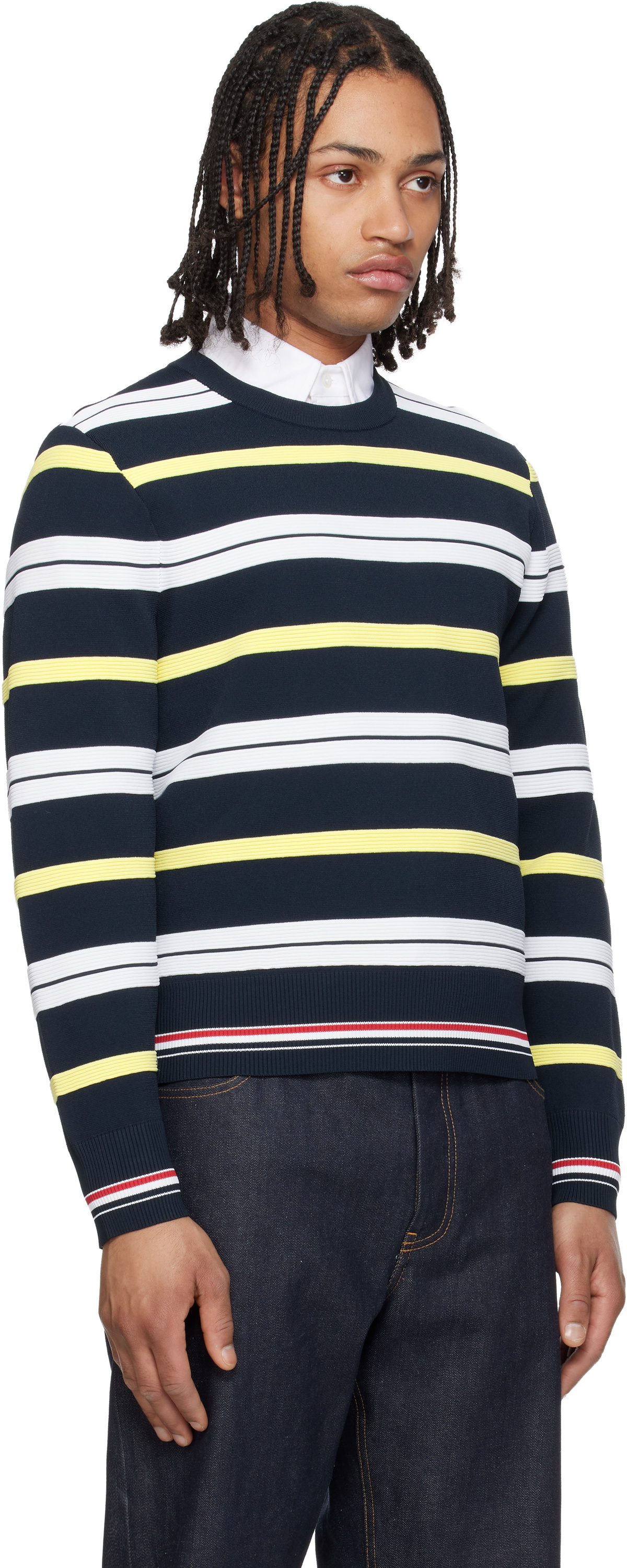 Thom Browne Navy Variegated Rep Stripe Ottoman Stitch Crew Neck Sweater