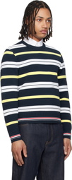Thom Browne Navy Variegated Rep Stripe Ottoman Stitch Crew Neck Sweater