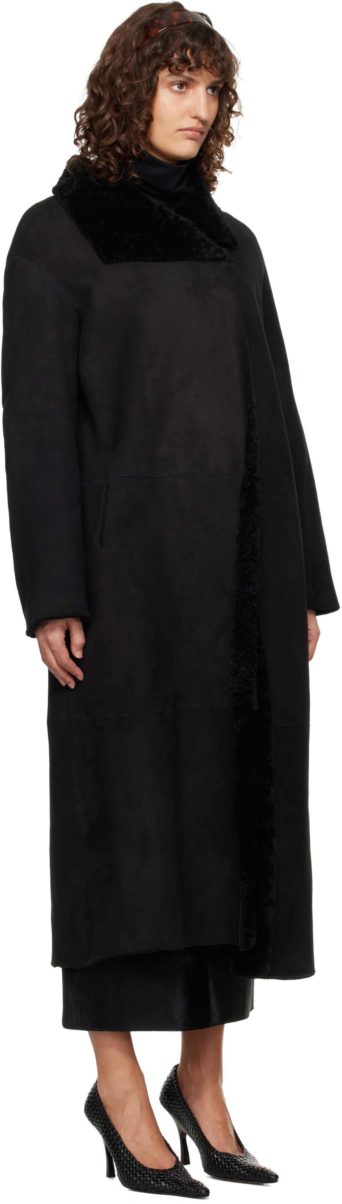 Nour Hammour Black Draped Shearling Birthday Coat