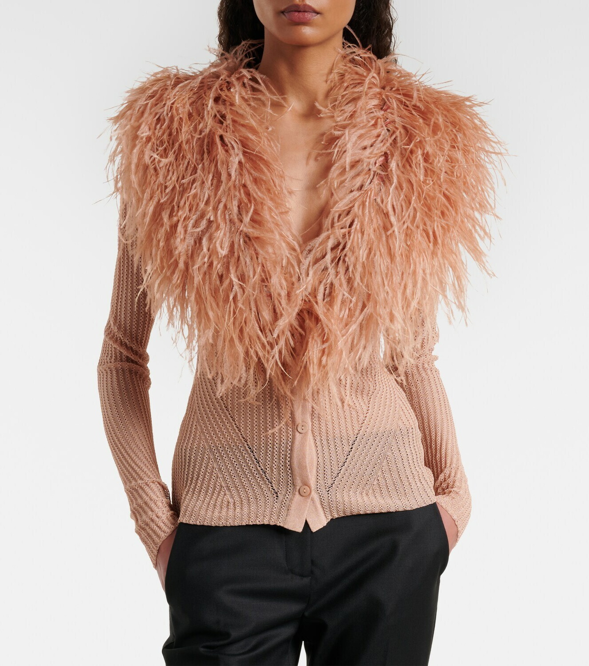 Blumarine Feather-trimmed ribbed-knit cardigan