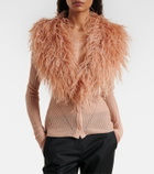 Blumarine Feather-trimmed ribbed-knit cardigan