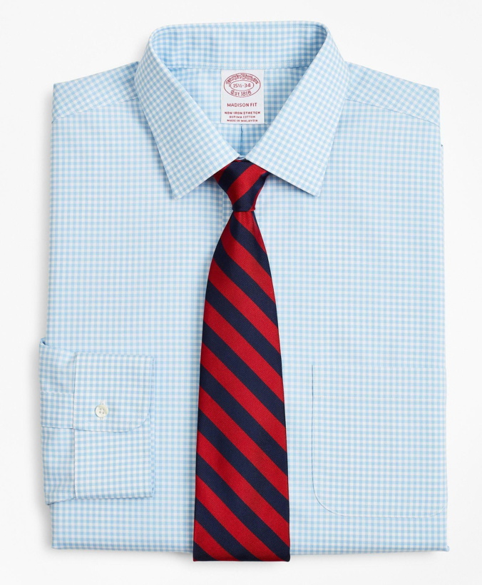 Photo: Brooks Brothers Men's Stretch Madison Relaxed-Fit Dress Shirt, Non-Iron Poplin Ainsley Collar Gingham | Light Blue