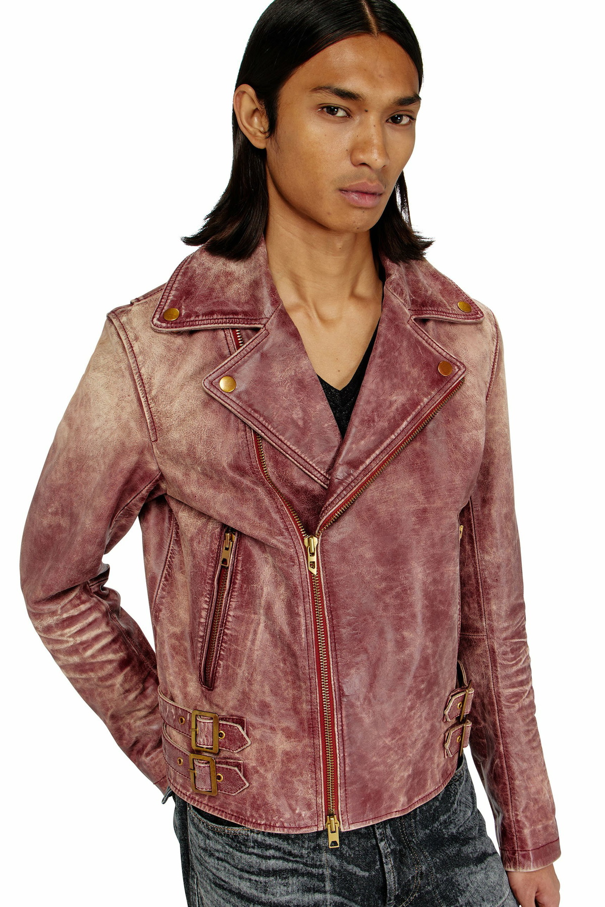 Diesel Biker jacket in treated leather - Leather jackets Mens in Red