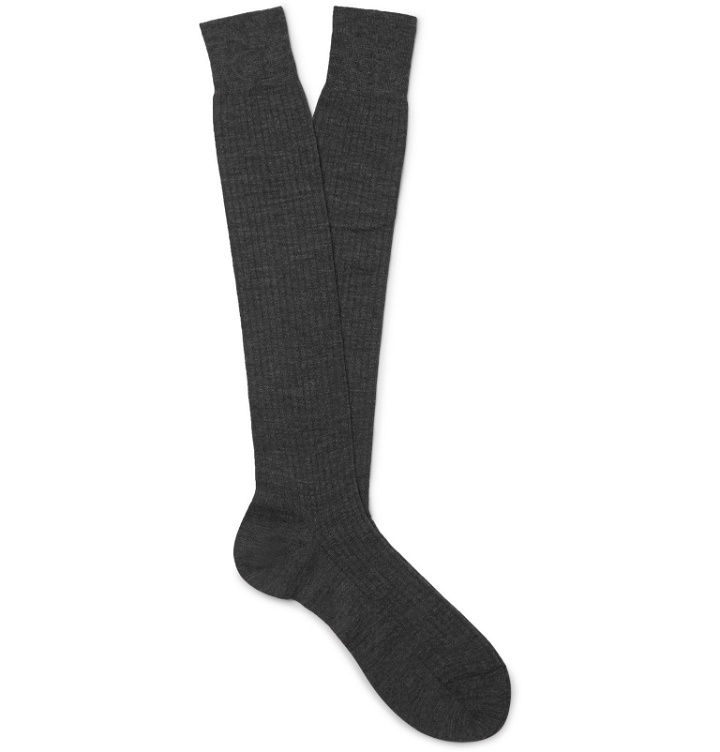 Photo: Maximilian Mogg - Ribbed Mélange Merino Wool Over-the-Calf Socks - Gray