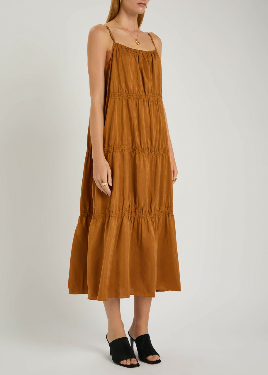 Eileen Fisher Tiered Silk Midi Dress Bronze