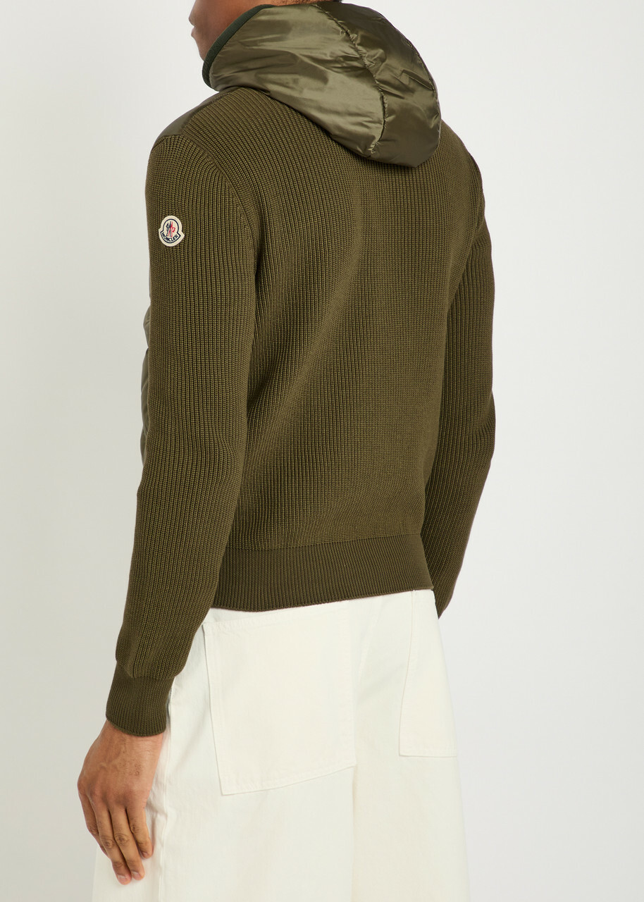 Moncler Hooded Quilted Shell and Cotton-blend Cardigan Khaki