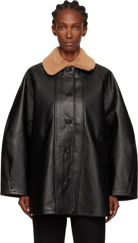 Photo: Cordera Black Aviator Midi Faux-Leather Coat