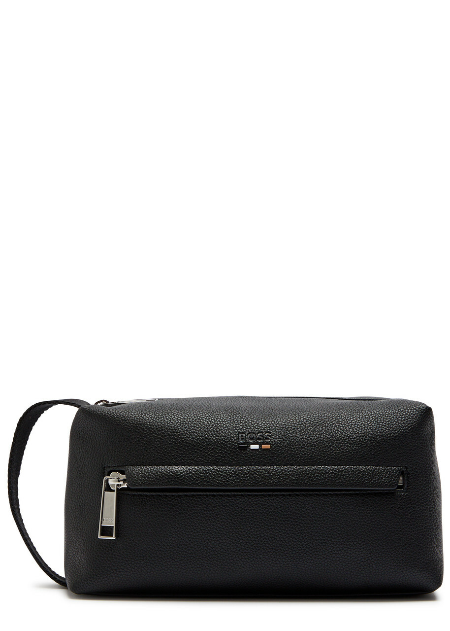 Boss Ray Logo Grained Leather Wash bag - Black - One Size