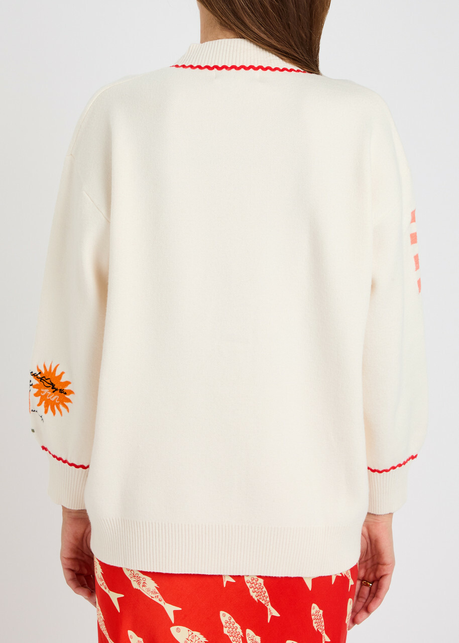 Never Fully Dressed Poema Martha Embroidered Knit Cardigan Cream