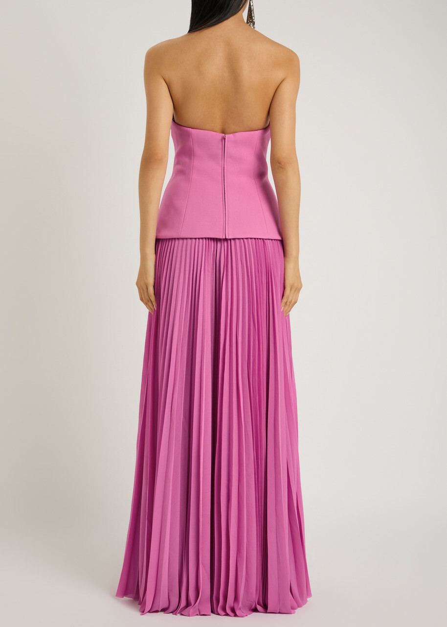 Solace London Britt Strapless Plissé and Crepe Maxi Dress Pink