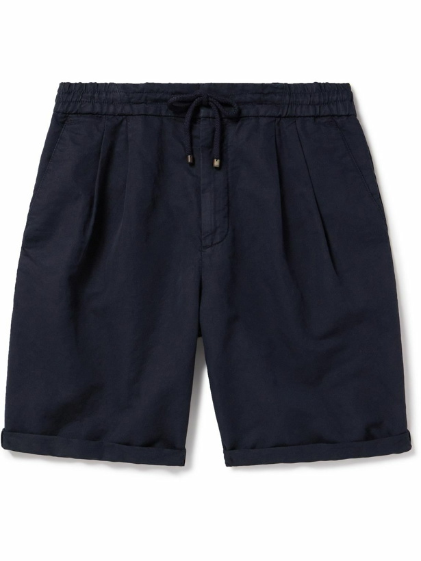 Photo: Brunello Cucinelli - Wide-Leg Pleated Linen and Cotton-Blend Drawstring Shorts - Blue