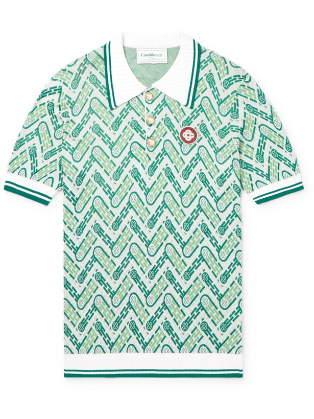 Photo: Casablanca - Slim-Fit Logo-Appliquéd Jacquard-Knit Polo Shirt - Green
