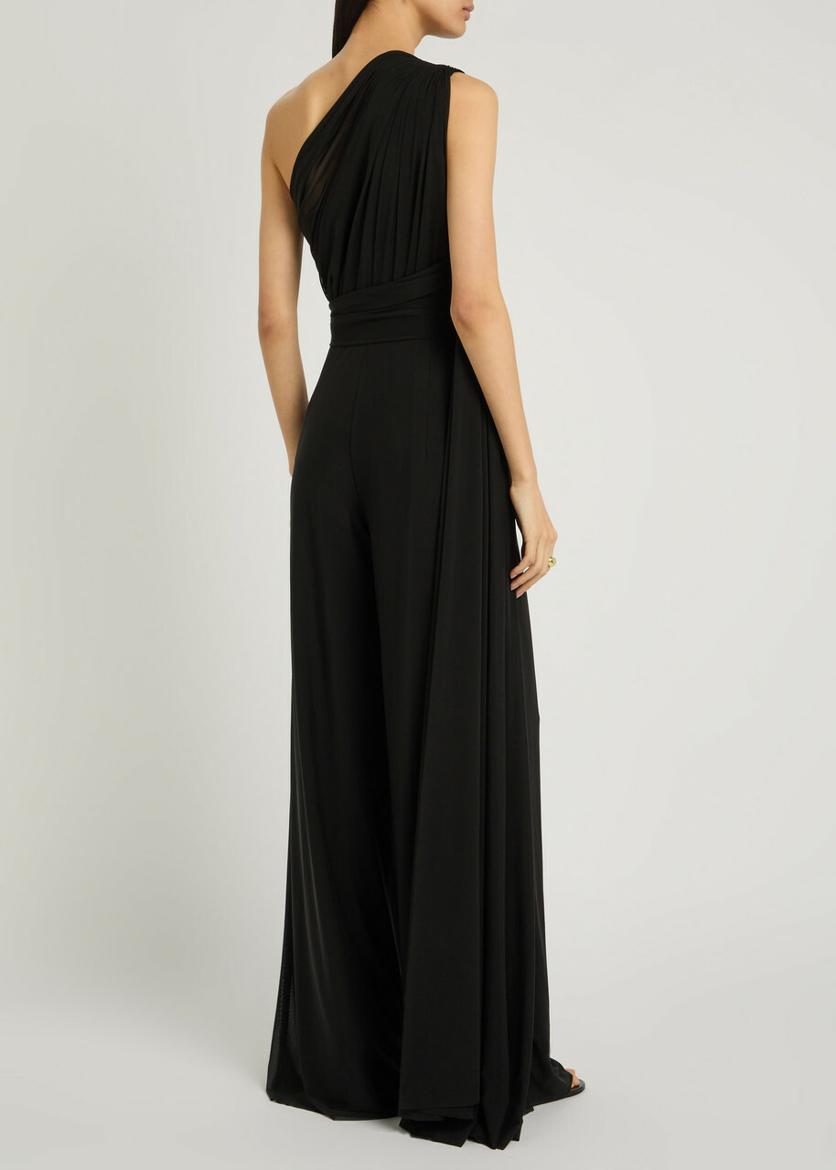 Talbot Runhof One Shoulder Draped Mesh Jumpsuit Black