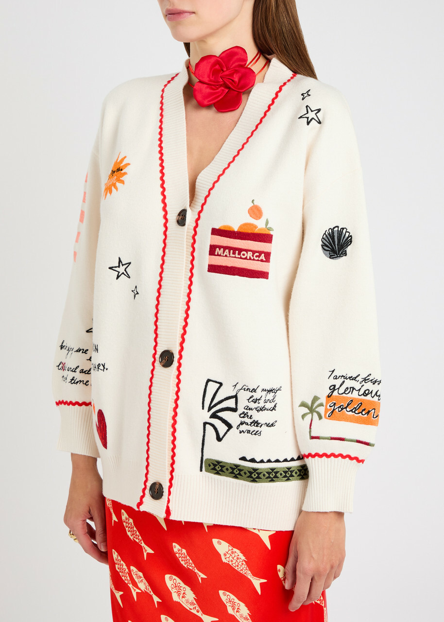 Never Fully Dressed Poema Martha Embroidered Knit Cardigan Cream