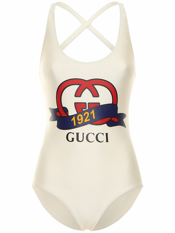 Photo: GUCCI Shimmery Stretch Jersey Swimsuit with logo