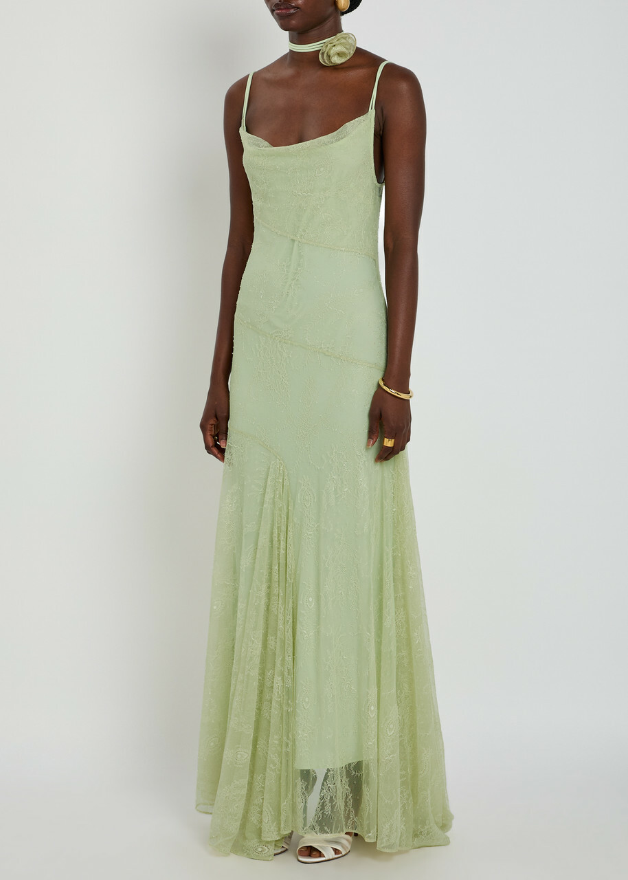 DE LA Vali Calima Asymmetric Lace Maxi Dress Light Green