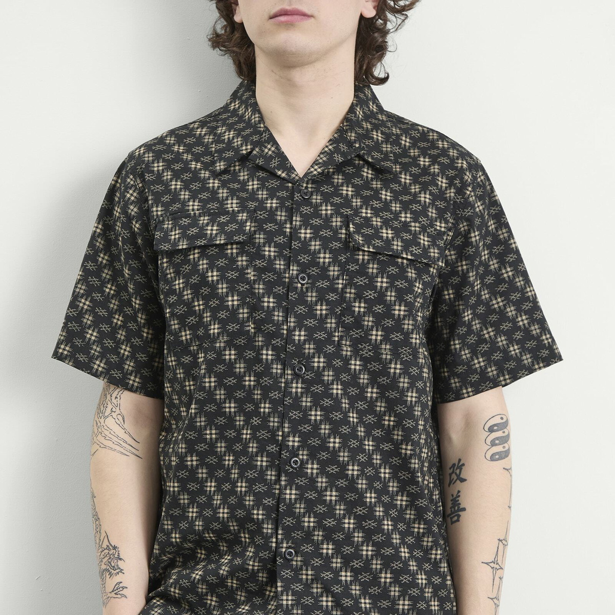 Maharishi Men's Kasuri Cuban Collar Shirt in Sumi Black