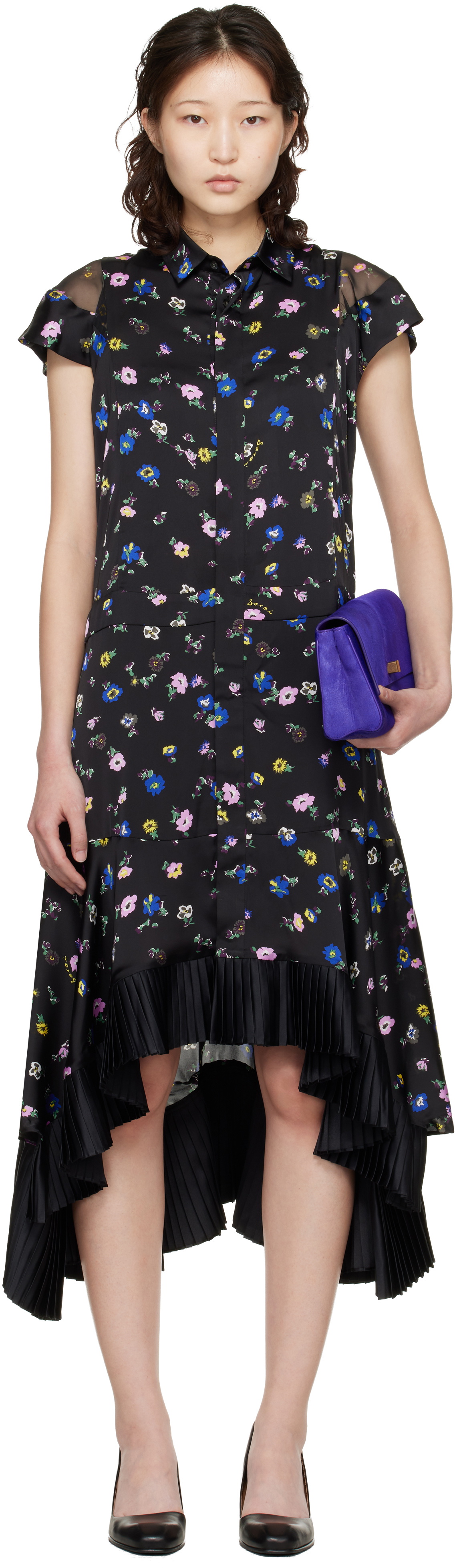 sacai Black Floral Printed Midi Dress