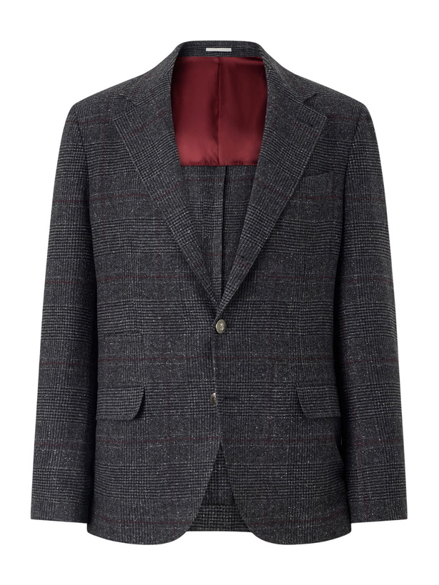 Photo: Brunello Cucinelli - Checked Silk, Wool and Cashmere-Blend Suit Jacket - Brown