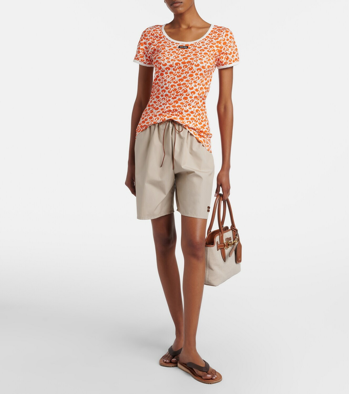 Miu Miu Lace-trimmed printed cotton T-shirt