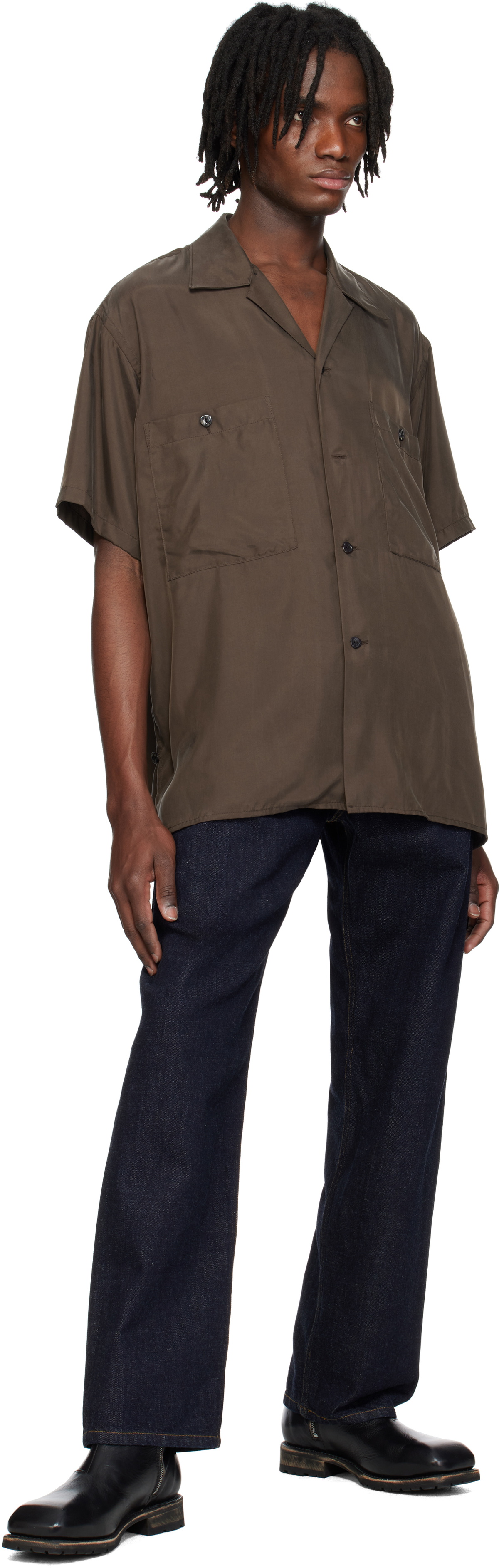 YOKE Brown Chambray Open Collar Shirt