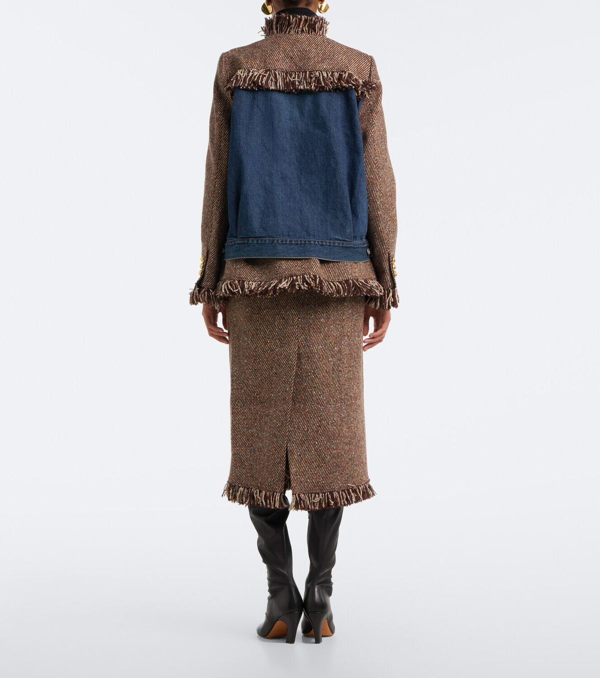 Sacai Fringed peplum tweed midi skirt