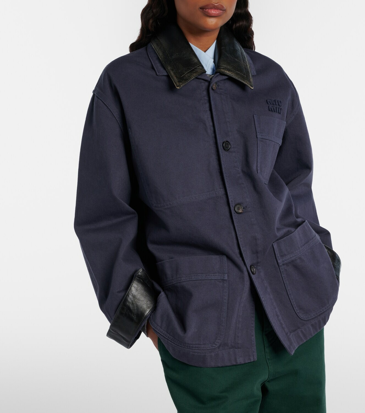 Miu Miu Leather-trimmed oversized cotton gabardine jacket