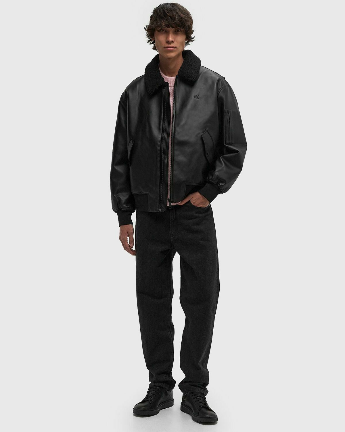 Calvin Klein Jeans FAUX LEATHER AVIATOR Black Mens Bomber Jacket