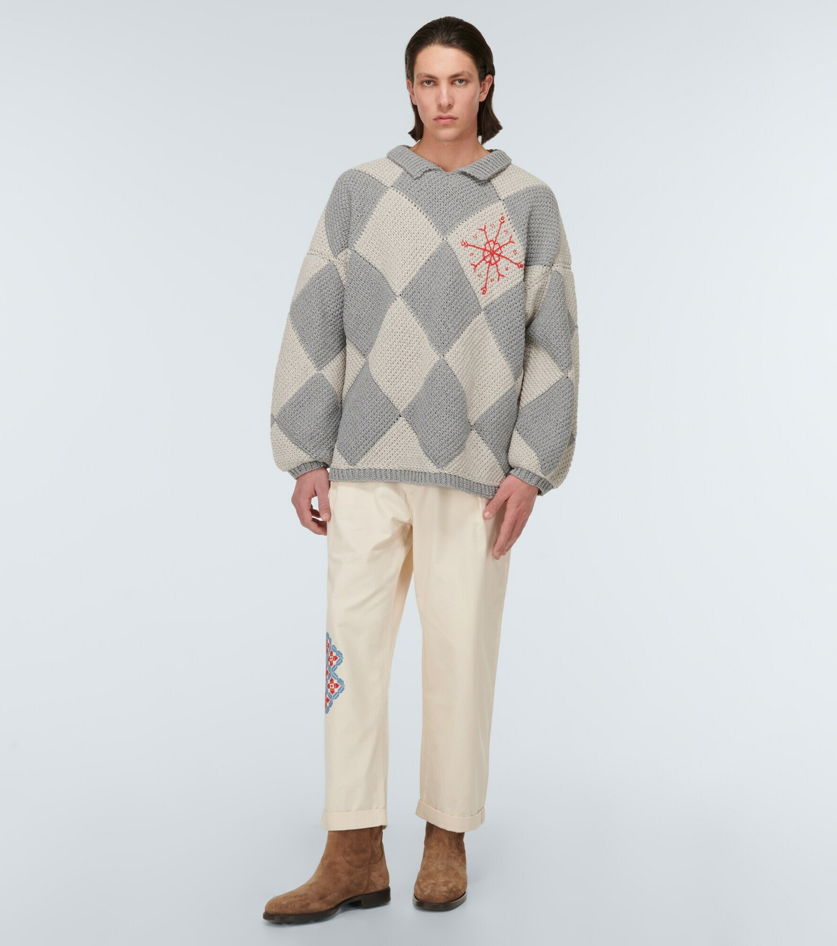 Adish - Embroidered straight cotton pants