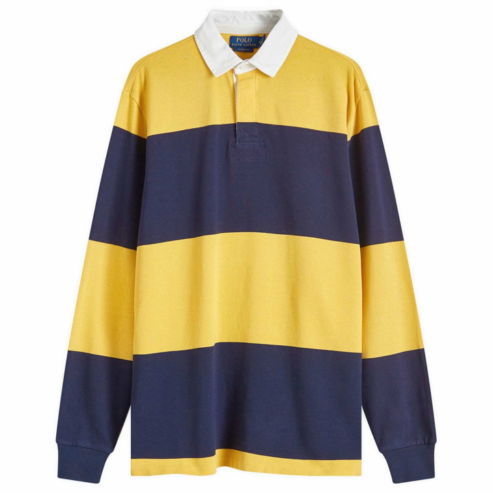 Photo: Polo Ralph Lauren Men's Block Stripe Rugby Shirt in Gold Bugle/Cruise Navy