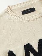 AMIRI - Distressed Logo-Intarsia Cotton and Cashmere-Blend Sweater - Neutrals