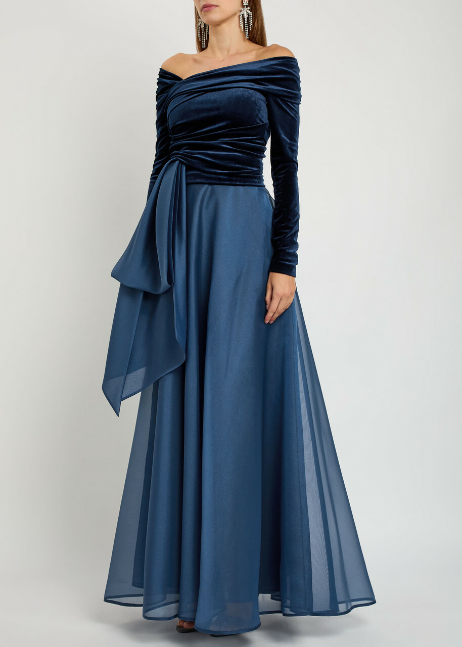 Talbot Runhof Draped Velvet and Organza Gown Navy