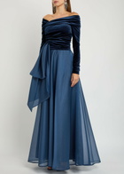 Talbot Runhof Draped Velvet and Organza Gown Navy