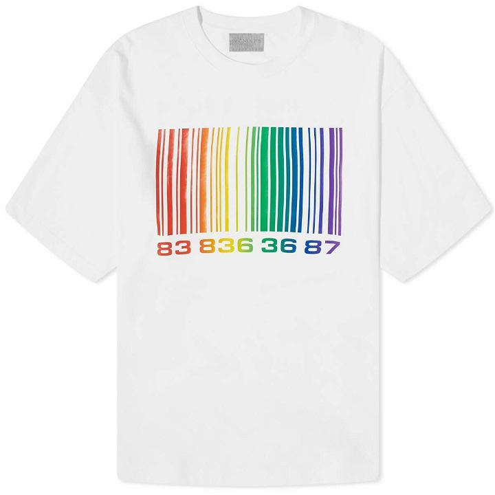 Photo: VTMNTS Men's Big Barcode T-Shirt in White/Rainbow