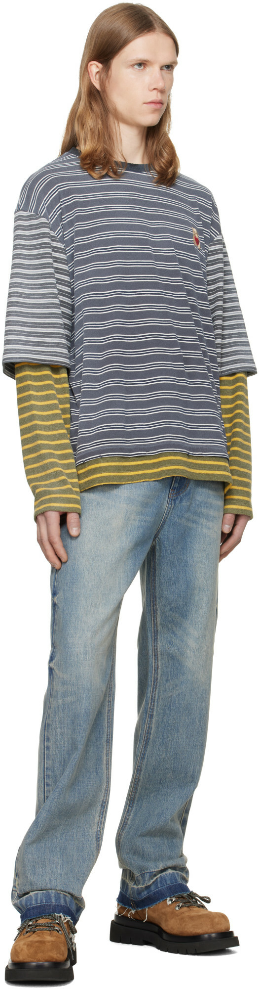 We11done Gray Contrast Striped Layered T-Shirt