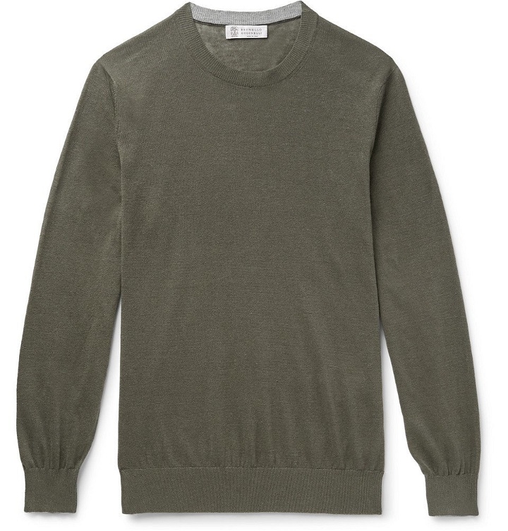 Photo: Brunello Cucinelli - Linen and Cotton-Blend Sweater - Army green