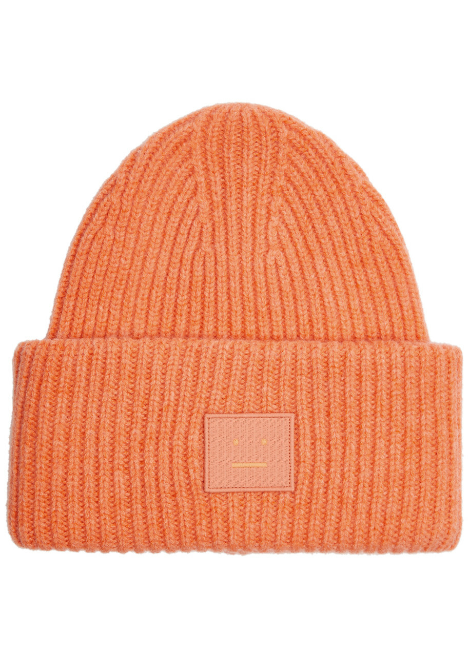 Acne Studios Pansy Face Ribbed Wool Beanie - Orange - One Size