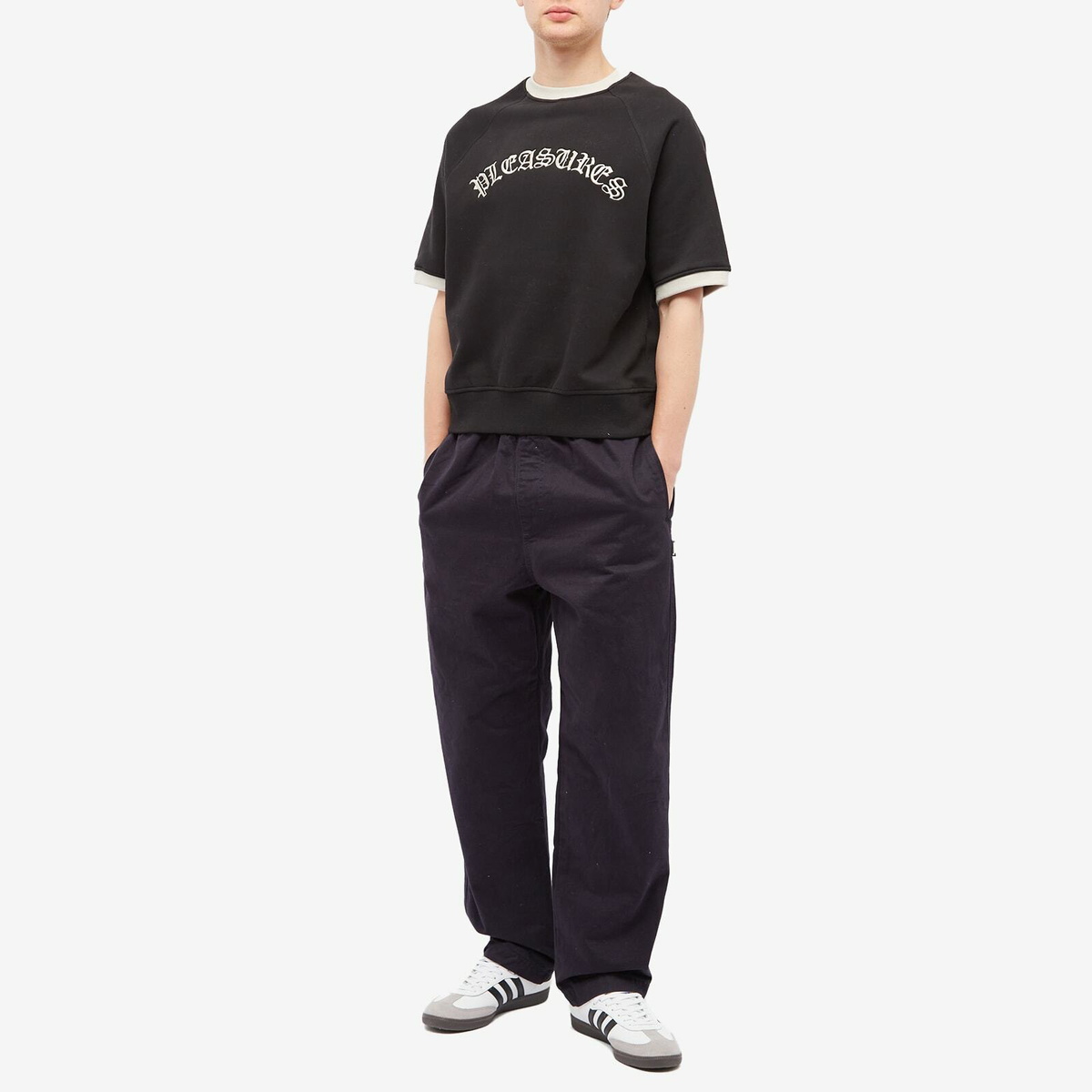 トップス PLEASURES OLD E RINGER SS SWEAT Pleasures Men's Old E Ringer SS Sweat in Black PLEASURES