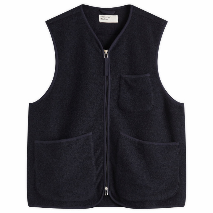 Photo: Universal Works Men's Wool Fleece Zip Gilet - Presented by END. in Navy